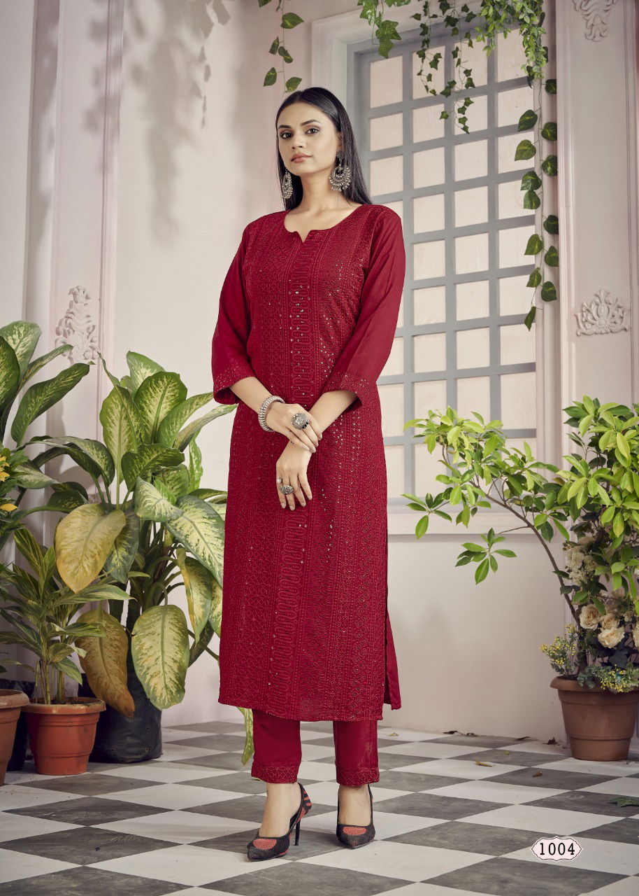 Banwery Schiffli Rayon Fancy Wear Latest Kurti With Pant Collection